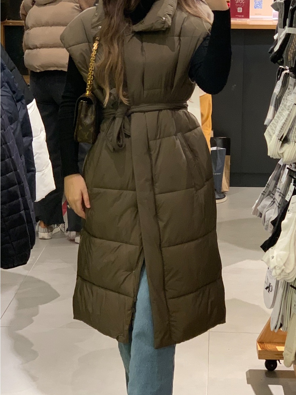 Massimo Dutti Olive Green Quilted Long Puffer Vest